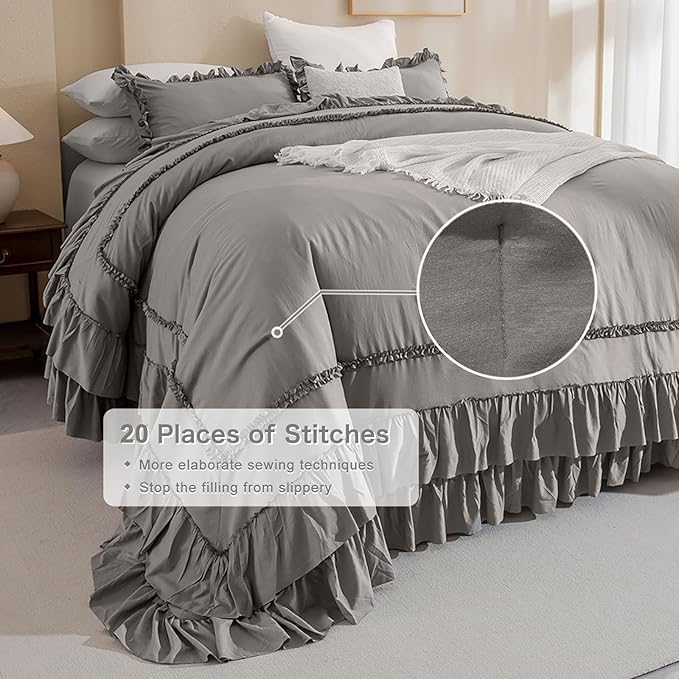 QSH Grey Oversized King Comforter Set 120x120, Farmhouse Ruffled Bed Comforter Gray French Country Rustic Vintage Comforter Microfiber Soft Lightweight Fluffy Shabby Bedding 3 PCs