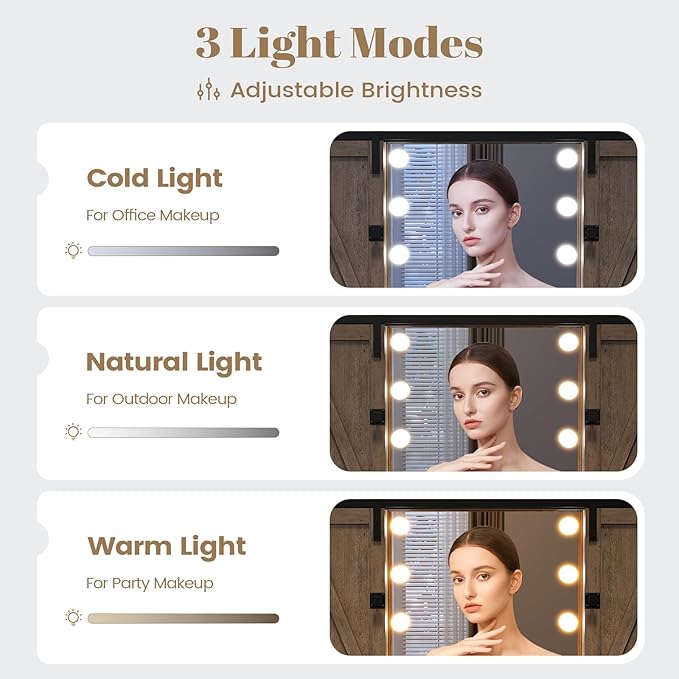 AOGLLATI Makeup Vanity with Lights & Barn Doors, Vanity Desk with Mirror and Lights & Charging Station, Farmhouse Brown Vanity Table with Jewelry Hooks and Open Storage Shelves