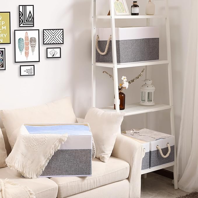 Yawinhe Foldable Storage Basket 3-Pack, Large Fabric Bins with Rope Handle, Used for Organizing Shelves, Closets, Clothes, 12.99''Lx9.05''Wx7.87''H, White/Grey