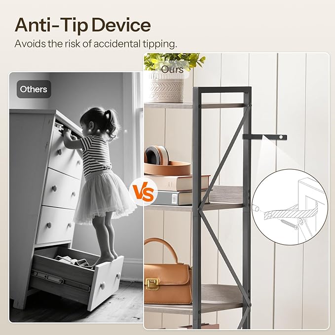 HOOBRO Bookshelf, 5-Tier Industrial Bookcase, Book Shelf Storage Organizer, Tall Bookshelf with Metal Frame for Living Room, Bedroom, Home Office, Kitchen, Greige and Black BG73SJ01