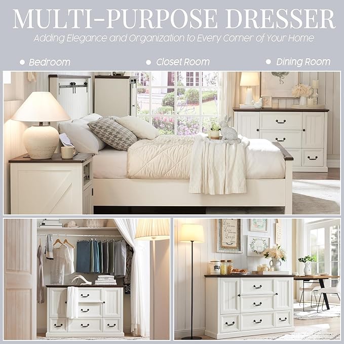 Farmhouse 5 Drawers Dresser for Bedroom, Wood Rustic Storage Organizer Closet Chest, Chest of Drawers w/Groove Barn Door&Shelf for Closet, Living Room, Dining Room, Hallway-White