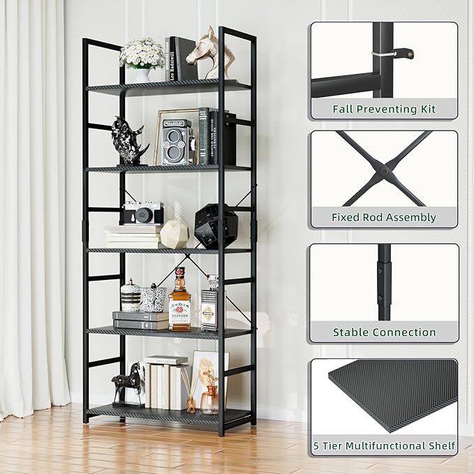 OTK 5 Tier Bookshelf, Tall Bookcase, Office Shelf Storage Organizer, Modern Book Shelf for Living Room, Bedroom, and Home Office, Carbon