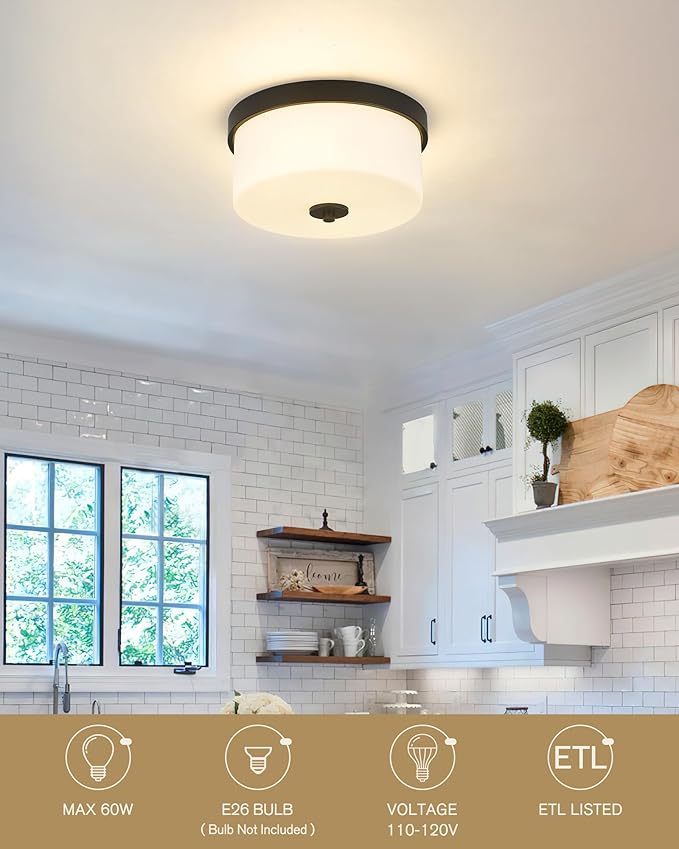 EMAK Black Modern Flush Mount Ceiling Light Fixture with Milk Glass, FM082-BK-ML