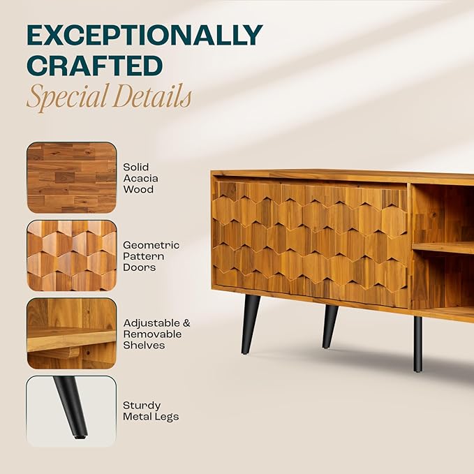 Bme Georgina Solid Wood, 10 Minutes Assembly Entertainment Center with Storage Geometric Pattern Console for Living, Bedroom, Dining Room, TV Stand 65 Inch, Teak Brown