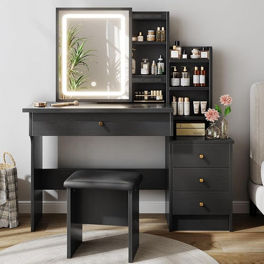 Vanity Desk with Mirror and Lights, Makeup Vanity with 3 Adjustable Lighting Modes, Small Vanity Desk with Sliding Mirror, 4 Drawers, 7 Shelves, Vanity Chair for Bedroom, Black