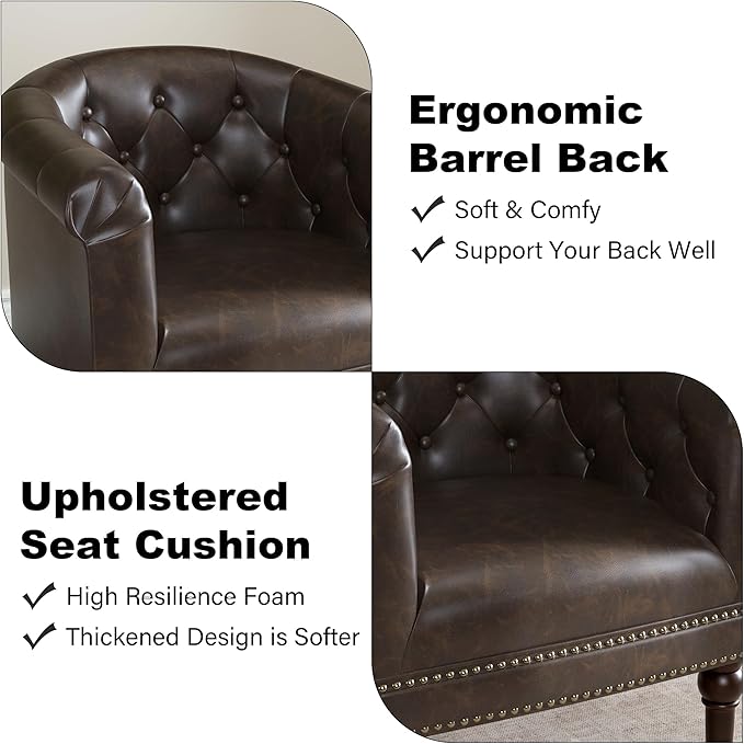 Accent Chair, Upholstered Faux Leather Barrel Chair with Nailed Trim, Comfy Club Armchair for Reading Living Room Bedroom Waiting Room (Chocolate, Set of 1)