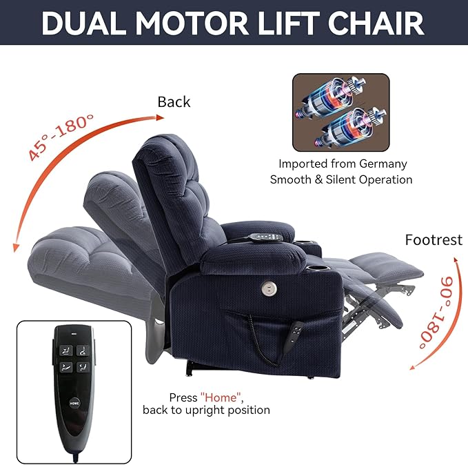 Power Lift Chair with Vibration Massage Heat for Elderly People, Dual Motor Electric Lay Flat Recliner Chair with Dual Cup Holders, Standing Assistance Reclining, Chenille Fabric Blue