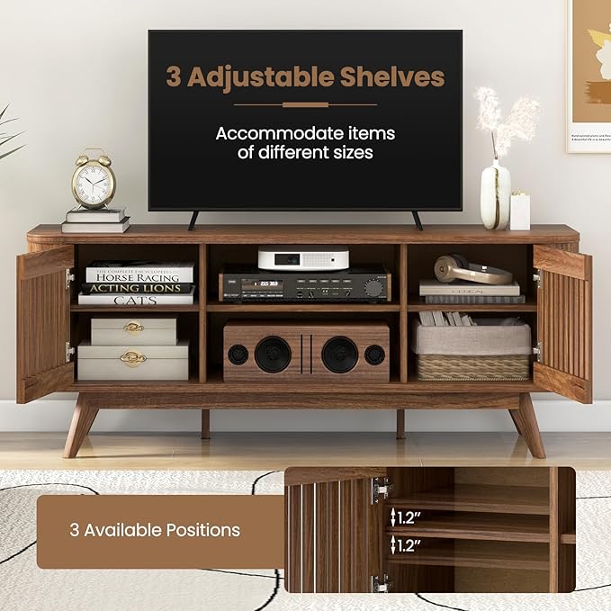 Giantex Fluted TV Stand for TVs up to 60", Mid Century Modern Entertainment Center w/Storage, 2-Door TV Cabinet w/Adjustable Shelves, Media Console Table for Living Room, Bedroom, Walnut