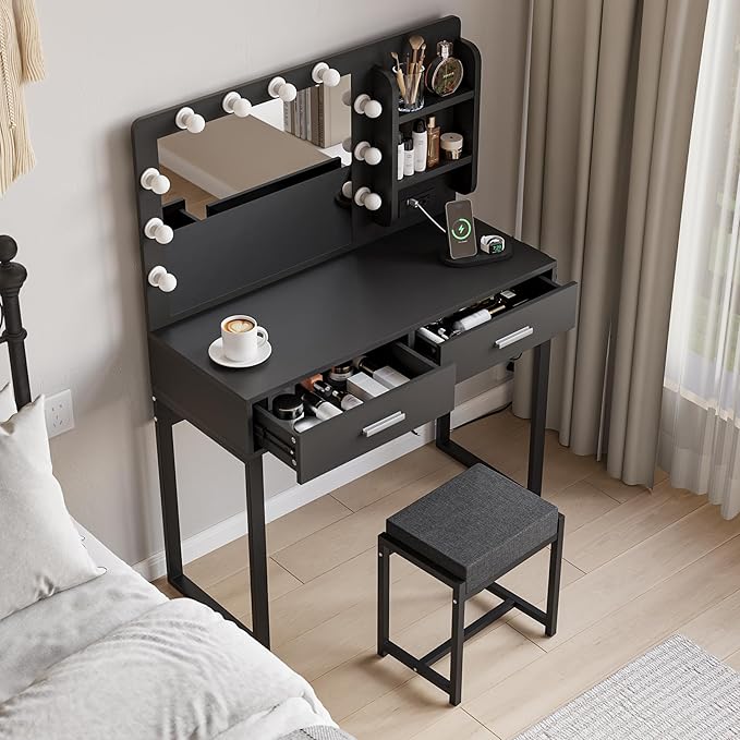 Semiocthome Makeup Vanity Desk with Mirror and Lights, Vanity Table with Power Outlet, Shelves, 2 Drawers, and Metal Frame, 3 Lighting Modes & Adjustable Brightness Dressing Table with Chair - Black