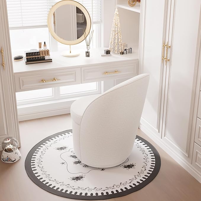 YOUNIKE Vanity Bench Boucle Fabric Beige Solid Wood Swivel Accent Chair with Backrest Easy Assembly Dressing Stool for Bedroom & Makeup Room