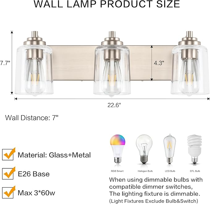 Solfart Brushed Nickel Vanity Light - 3 Light Bathroom Lights Over Mirror