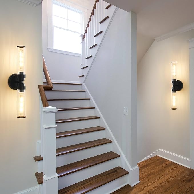 Bathroom Light Fixtures, Black Wall Sconce in Threaded Glass Indoor Vanity Lights, Modern Bathroom Vanity Light Up and Down Sconces Wall Lighting for Bathroom, Living Room - Bulb Not Included