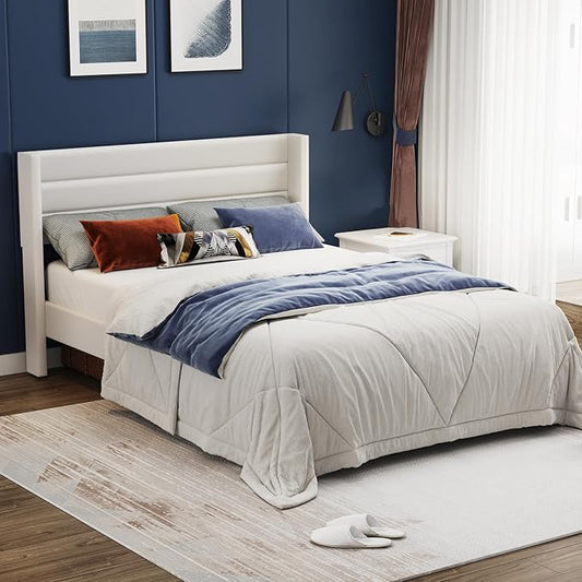 Casaottima Queen Bed Frame Upholstered Platform Bed with Wingback Headboard, Wooden Slats Support, Noise-Free Mattress Foundation, No Box Spring Needed, Easy Assembly, Horizontal Stripe Cream White