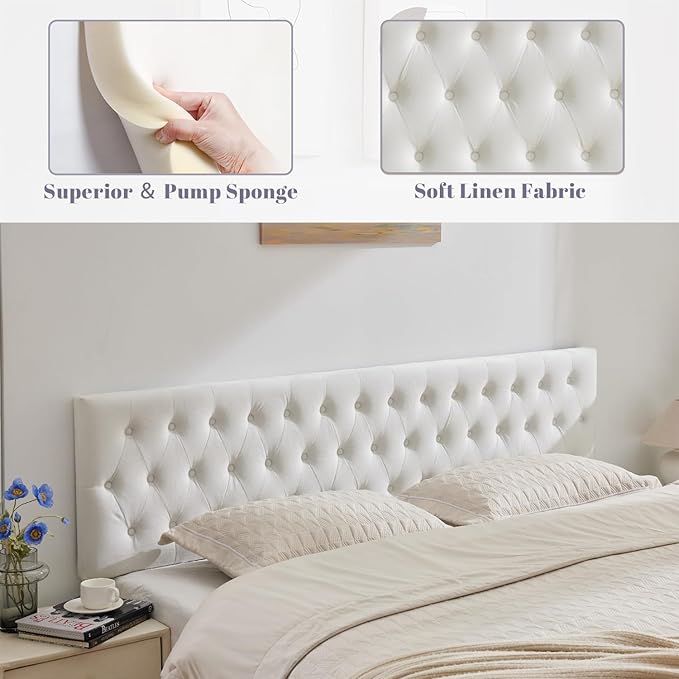Kingfun Tufted Upholstered Queen Size Bed Headboard in Modern Button Design, Adjustable Solid Wood Head Board, Premium Velvet Fabric Padded Headboards in Bedroom (White)