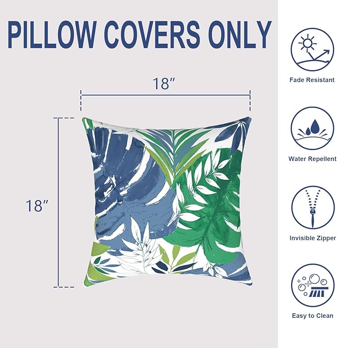Outdoor Throw Pillow Covers Pack of 2, Decorative Water Repellent Square Pillow Cases 18x18 Inch, Patio Pillowcases for Home Patio Furniture Use,Islamorada Blue Green