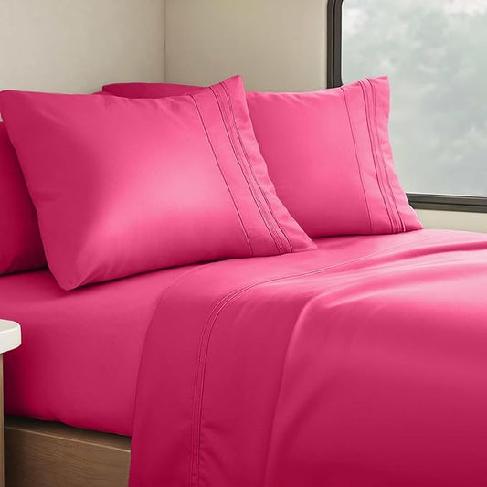 Clara Clark Bed Sheets, Premier 1800 Series 4 Piece RV Queen Sheet Set, Luxury Soft Sheets for RV Bunks, Short Queen - Hot Pink
