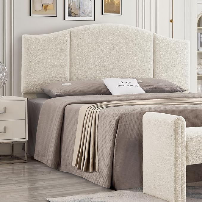 24KF Middle Century Upholstered Foldable King Headboard, Modern Boucle Teddy Fabric, Cream