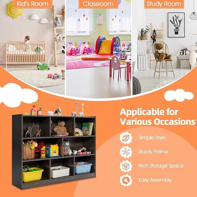 Toy Storage Organizer, 3-Tier Kids Bookshelf, 8 Cube Kids' Bookcases, Cabinets & Shelves, Wooden Toy Organizers, Small Book Shelf for Bedroom, Playroom, Classroom, Nursery (Gray)