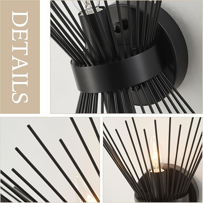 Modern Black Wall Sconces 2 Pack Vanity Light Starburst Bedside Wall Sconce Lighting Fixture Mid Century Wall Lamps for Bedroom, Hallway, Entryway, Passway, Bathroom