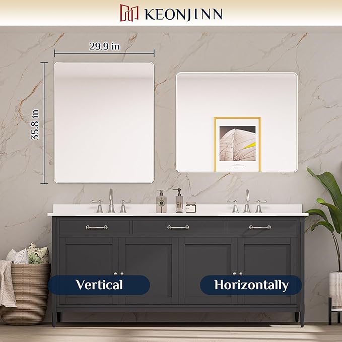 Keonjinn 30 x 36 Brushed Nickel Bathroom Mirrors for Over Sink, Rounded Rectangle Bathroom Vanity Mirror, Brushed Silver Framed Farmhouse Mirror, HD Tempered Glass Wall Mirror(Horizontal/Vertical)