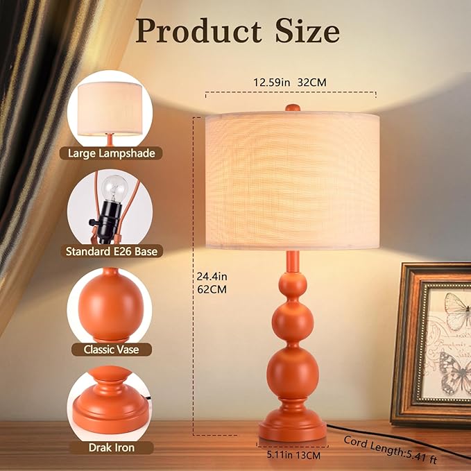 24.4'' Orange Mid Century Modern Table Lamps Set of 2 for Living Room Bedroom Bedside Nightstand, Contemporary Table Lamp for Bedside, End Table Side Table Lamp (Bulbs Not Includes)