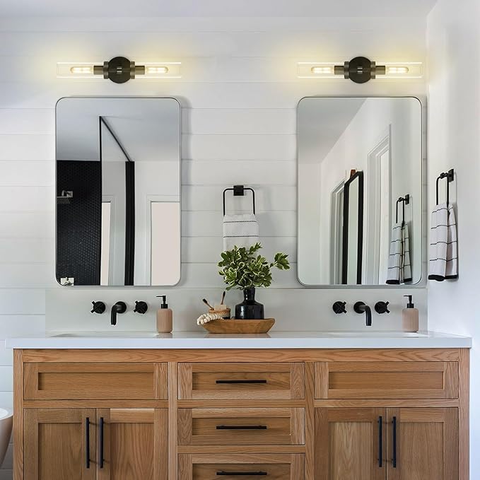 Black Bathroom Vanity Wall Sconces 2-Light Glass Tube Wall Sconce 21in Horizontal or Vertical Linear Wall Sconces Black Vanity Light Indoor Wall Sconce E26 Bulb Included