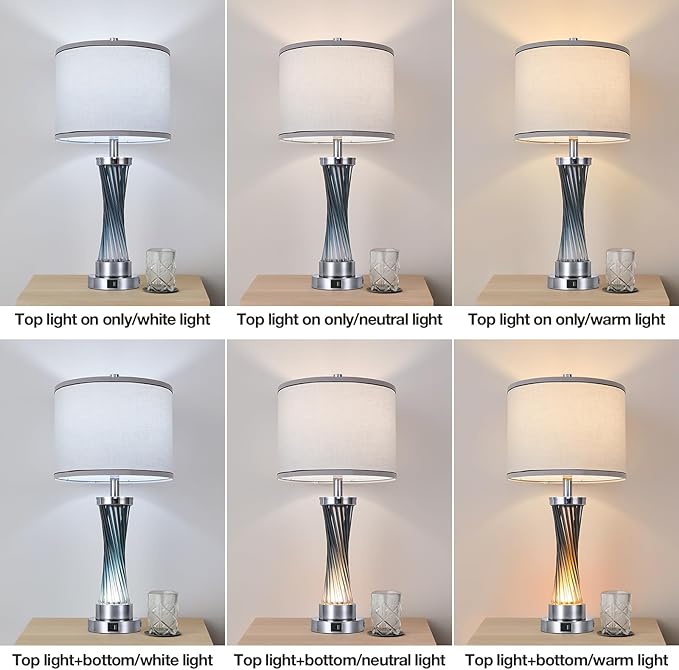 3-Way Dimmable Table Lamp Set of 2,Touch Control Lamp with Night Light,Modern Blue Crystal Table Lamps for Bedroom,Living Room，Bedside Lamps with USB A+C Ports，Fabric Lampshade(Blubs Included)