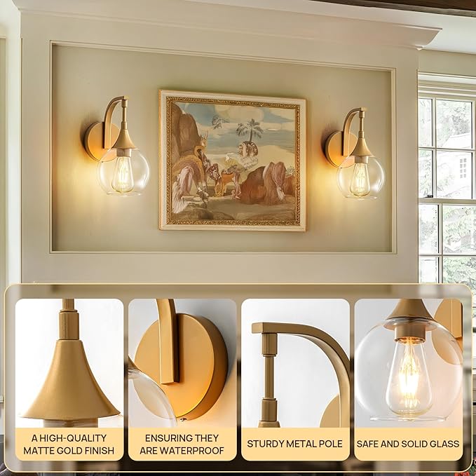 Gold Wall Sconce,1-Light Bathroom Vanity Lights Modern Wall Light Fixture with 4.9 Inches Clear Glass Shade, Wall Lamps for Bedroom Living Room Kitchen Stairway,E26