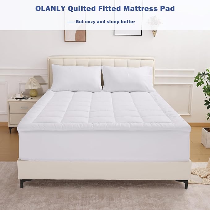OLANLY Twin XL Quilted Fitted Mattress Pad, Elastic Fitted Mattress Topper, Cooling Soft Mattress Cover Stretches up to 21 Inches Deep, Machine Washable Mattress Protector (39x80 inch, White)