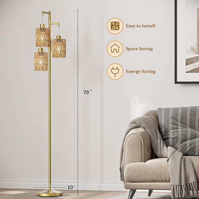 Oneach 70" Floor Lamps for Living Room, Stepless Dimmable Boho Floor Lamp with 3 Bulbs, Tall Farmhouse Industrial Corner Standing Tree Lamp for Bedroom, Office, Study Room, Dining Room, Gold