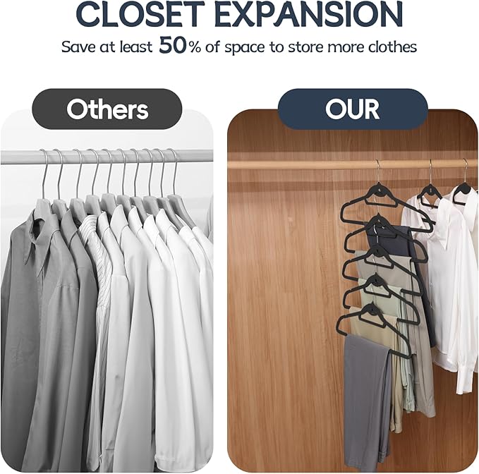 Velvet Stackable Hangers 50 Pack Black, Non Slip Space Saving Felt Hanger with Cascading Hooks, Ultra Thin and 360° Swivel Hook, Heavy Duty for Suit Shirt Pant
