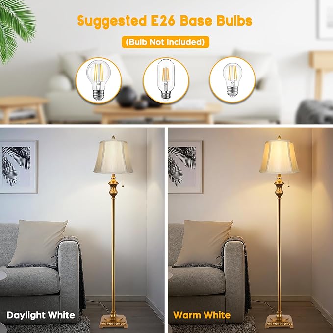 Gold Vintage Floor Lamp for Living Room, Traditional Mid-century Floor Lamp with Elegant Silk Fabric Lampshade, 64inch Tall Standing Lamp Bedroom LED Pole Lamp, Retro Stand Up Lamp for Home Office