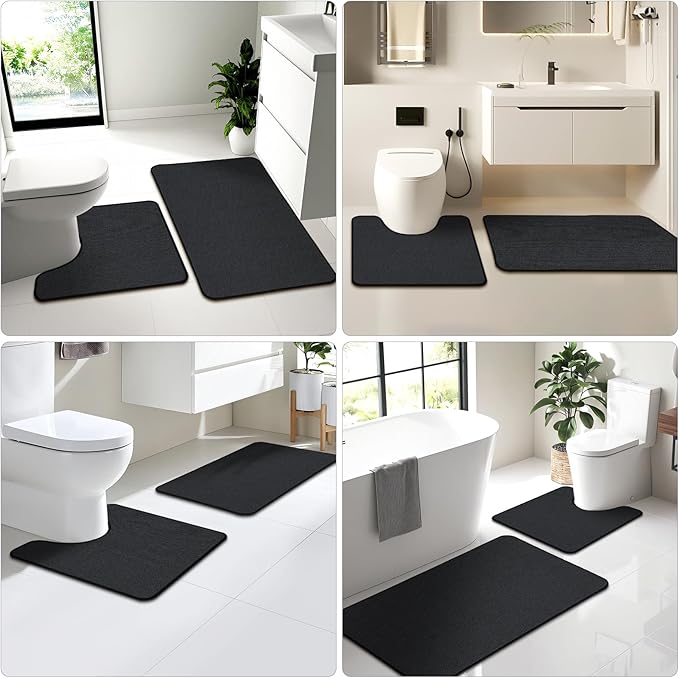 Toilet Rugs U Shaped Washable 24x20, Ultra Thin Toilet Rug Super Absorbent, Toilet Mat Rubber Backing Non-Slip, Toilet Mats Machine Washable Dry Quickly, Contour Bathroom Shower/Kids-Black