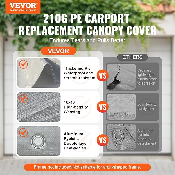 VEVOR Carport Replacement Canopy Cover 10 x 20 ft, Garage Top Tent Shelter Tarp Heavy-Duty Waterproof & UV Protected, Easy Installation with Ball Bungees,Grey (Only Top Cover, Frame Not Include)