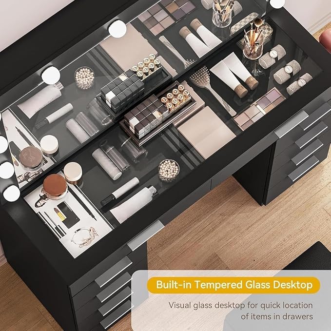 DWVO 10 Drawer Large Makeup Vanity Table with Glass Top, LED Mirror, Charging Station & Cushioned Storage Stool, 46-Inch Dressing Desk Set with 3 Lighting Modes Brightness Adjustable, Dark Black