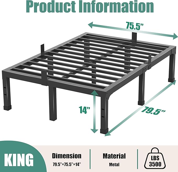 King Bed Frame, 14 Inch High 3500 lbs Metal Platform, Mattress Foundation with Steel Slat Support/No Box Spring Needed/Noise Free/Non-Slip/Easy Assembly