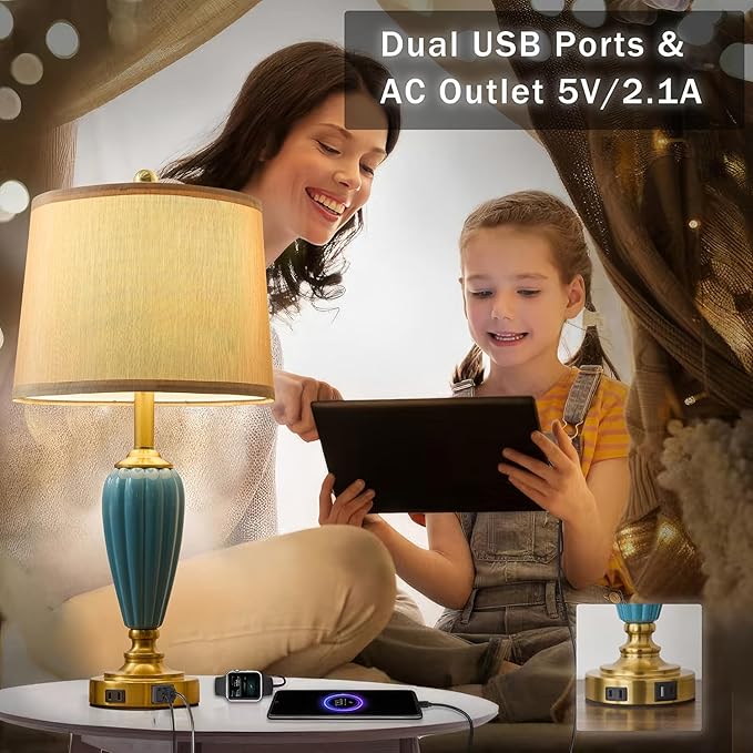 Living Room Lamps Set of 2, 25.5" Touch Lamps for Nightstand with USB A+C Ports, Modern Farmhouse Table Lamp for Bedroom, 2 Bulbs Included