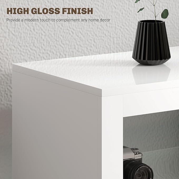 HOMCOM Modern TV Stand with LED Lights and Power Outlets for 55 Inch TV, 51" High Gloss Entertainment Center with Adjustable Glass Shelves, TV Console for Bedroom, Living Room, White