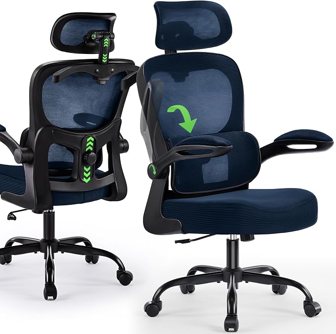 Office Chair Ergonomic Desk Chairs with Adjustable Lumbar Support& Headrest Hanger, High Back Breathable Mesh Chair with Wheels, Rolling Swivel Comfy Task Computer Chair for Home Work Gaming