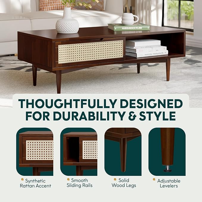 Bme Oliver Coffee Table, Mid Century Modern Coffee Table, Side Table with Storage, 2 Drawers & Open Compartments, Solid Wood Legs with Adjustable Levelers, Rattan Accent for Living Room, Walnut