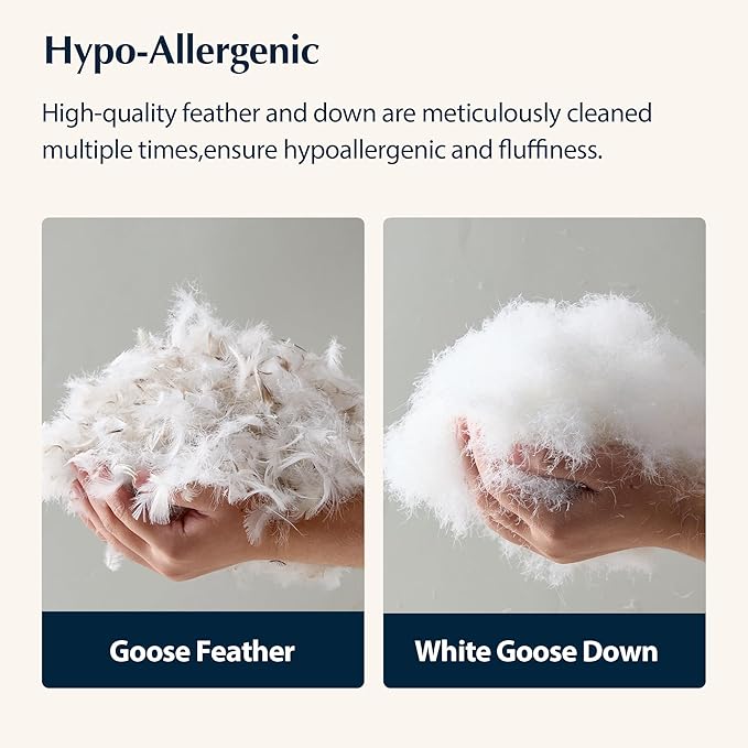 Pacific Coast Bed Pillow, Hotel Goose Feather and Down Pillow for Sleeping, 3-Chamber Pillow with High Thread Count 100% Cotton Shell, Queen Size