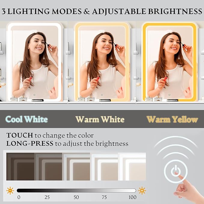 Vanity Desk with LED Lights Mirror & Power Outlet, Small Makeup Vanity Table Set with Storage Drawers & Chair, 3 Lighting Modes & Adjustable Brightness, Dressing Table for Women Girls Bedroom, White