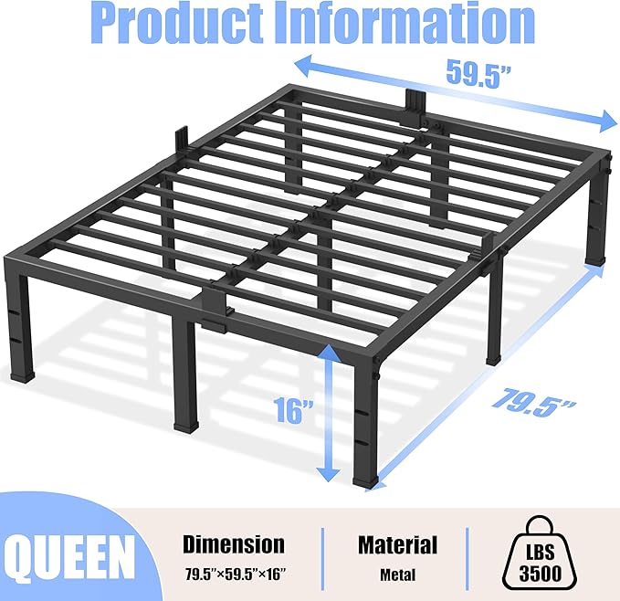 Queen Bed Frame 16 inch High 3500 lbs Heavy Duty Metal Platform Mattress Foundation with Steel Slat Support/No Box Spring Needed/Noise Free/Non-Slip/Easy Assembly