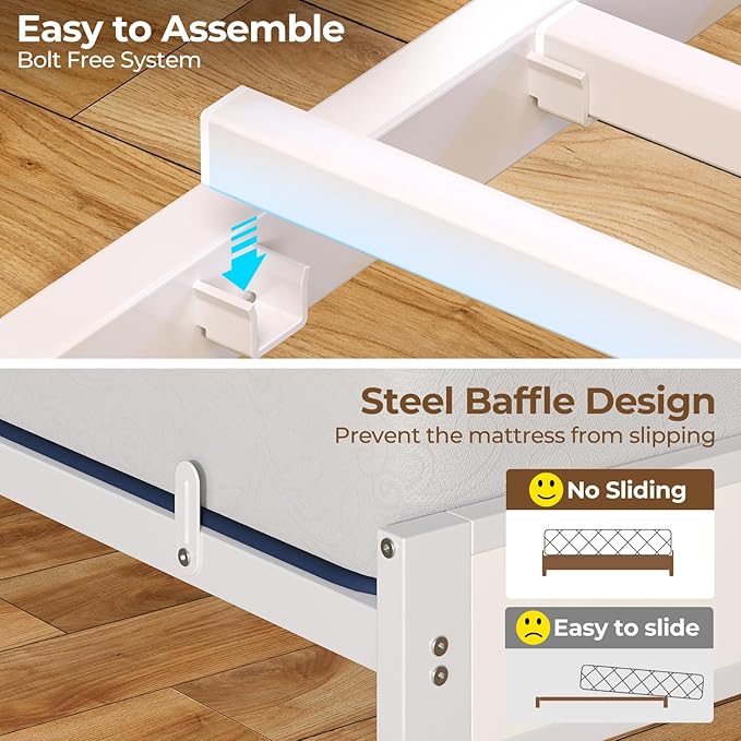 Rolanstar Bed Frame Twin Size with Charging Station and LED Lights, Upholstered Storage Headboard with Drawers, Heavy Duty Metal Slats, No Box Spring Needed, Noise Free, Easy Assembly, White