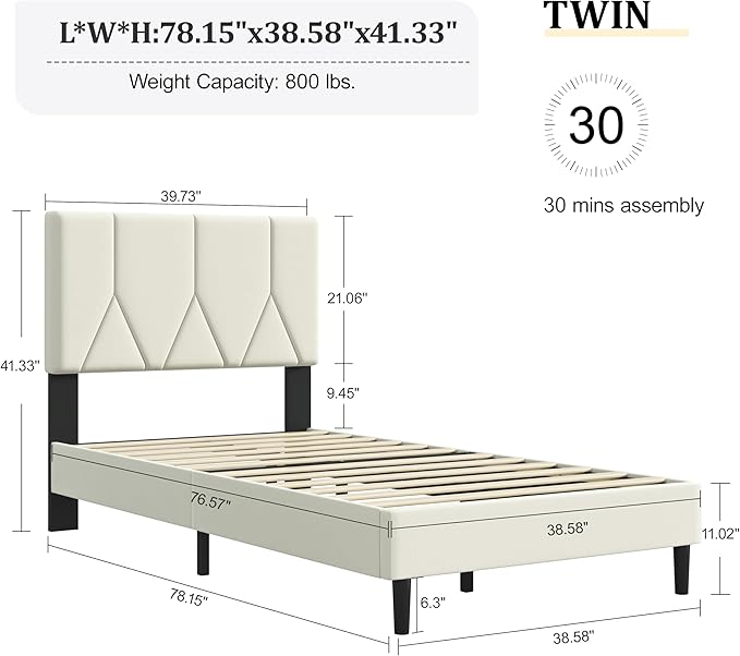 Twin Size Bed Frame, Platform Bed Frame with Velvet Upholstered Headboard, Twin Upholstered Mattress Foundation with Strong Wooden Slats, No Box Spring Needed, Noise Free, Easy Assembly