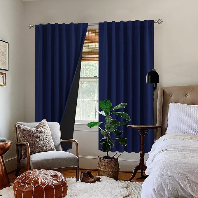 BGment Navy Blue 100% Blackout Curtains 72 Inches Long with Black Liner, Rod Pocket and Back Tab Double Layer Full Room Darkening Thermal Window Curtains for Bedroom, 2 Panels, Each 52 x 72 Inch