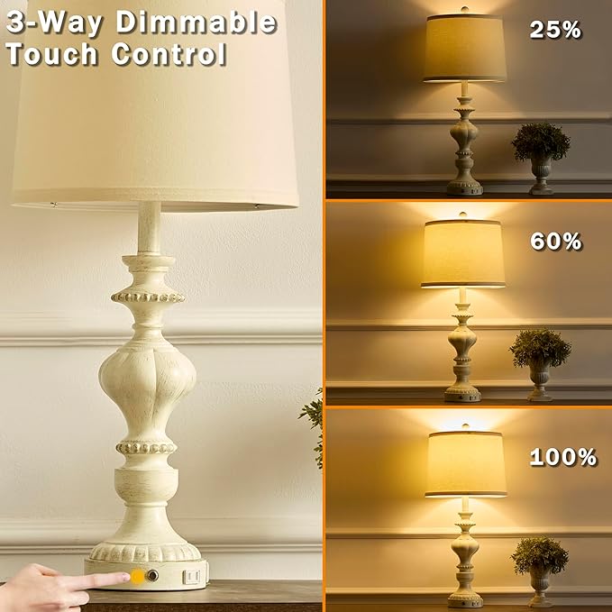 27.5" Farmhouse Table Lamps Set of 2 Bedside Nightstand Lamp with USB C+A Ports & AC Outlet, 3 Way Dimmable Touch Lamps for Bedroom Living Room Office Rustic Lamp (White Gold)