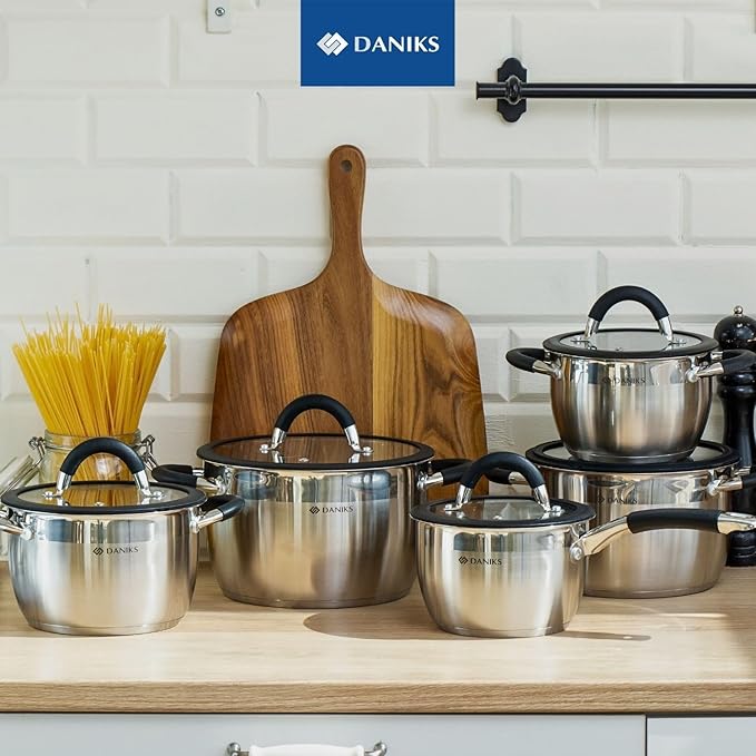 Daniks Orlando 10-Piece Stainless Steel Induction Cookware Set – Dishwasher Safe Saucepan, Pots with Heatproof Handles, Glass Lids, Measuring Scale, Silver