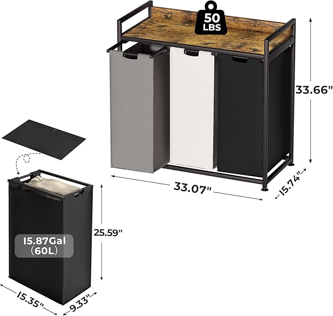 Laundry Hampers with Shelf, Laundry Basket 3 Section, Laundry Sorter with Pull-Out Removable Large 3 Color Bags and Movable Wheels, Metal Frame, 3 x 15.87 Gallons (60L), Rustic Brown PF04XLN