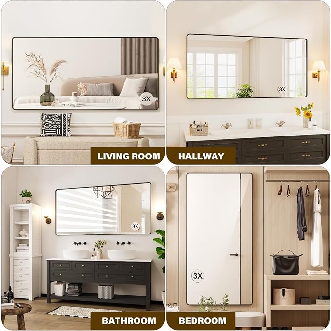 72X36 Inch Black Metal Framed Bathroom Mirror for Wall, Rounded Rectangle Mirror, Matte Black Bathroom Vanity Mirror, Environmentally Friendly Resin Mirror, Anti-Rust